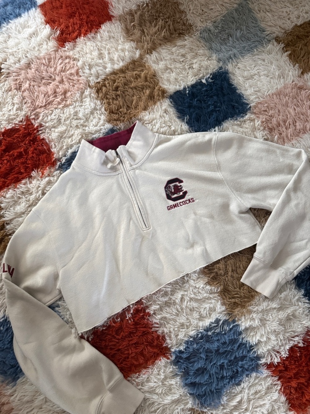 Vintage South Carolina Gamecocks Cropped Quarter-Zip Pullover - White & Garnet